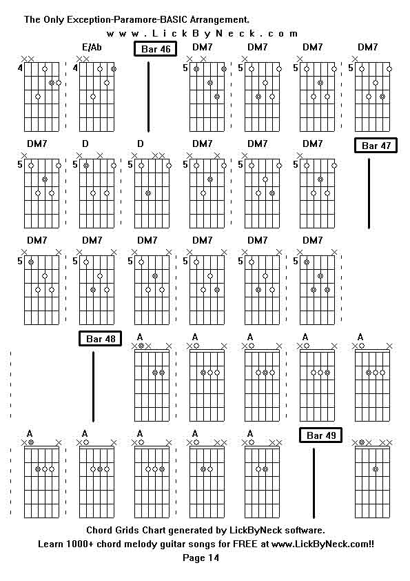 Chord Grids Chart of chord melody fingerstyle guitar song-The Only Exception-Paramore-BASIC Arrangement,generated by LickByNeck software.